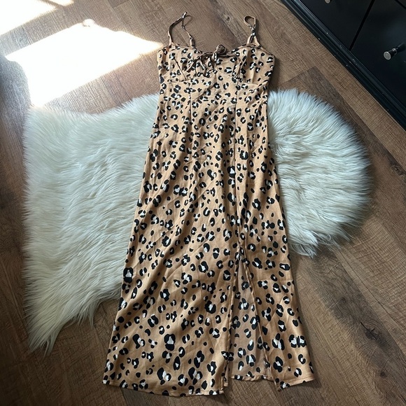 LULU’S Known To Be Wild Tan Leopard Print Satin Slip Dress - Picture 2 of 5